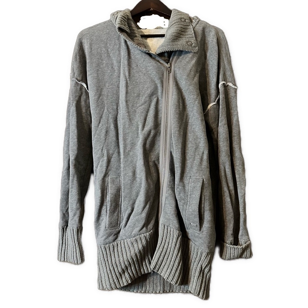 DKNY Women’s Grey Full Zip Button Cowl Neck Closure Hooded Sweatshirt Jacket L